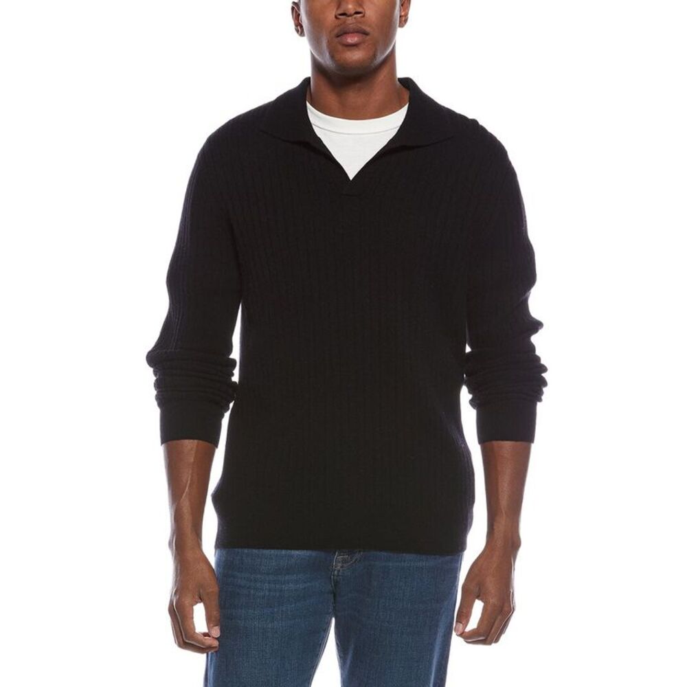 Kier + J Mens  Spread Collar Wool & Cashmere-Blend Polo Sweater, Black